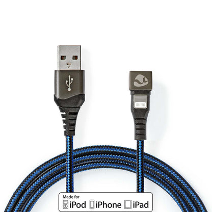 Nedis USB Cable | USB 2.0 | Apple Lightning 8-Pin | USB-A Male | 12 W | 480 Mbps | Nickel Plated | 2.00 m | Round | Braided / Nylon | Black / Blue | Cover Window Box