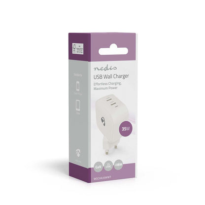 Nedis Wall Charger | 35 W | GaN | PD3.0 | Quick charge feature | 1.75 / 2.33 / 2.92 / 3.0 A | Number of outputs: 2 | 2x USB-C™ | Automatic Voltage Selection | White