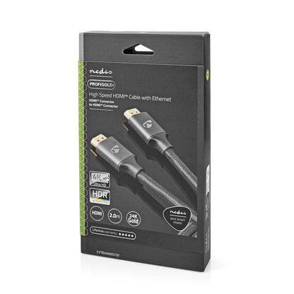 Nedis High Speed HDMI™ Cable with Ethernet | HDMI™ Connector | HDMI™ Connector | 4K@60Hz | ARC | 18 Gbps | 2.00 m | Round | Cotton | Grey / Gun Metal Grey | Cover Window Box