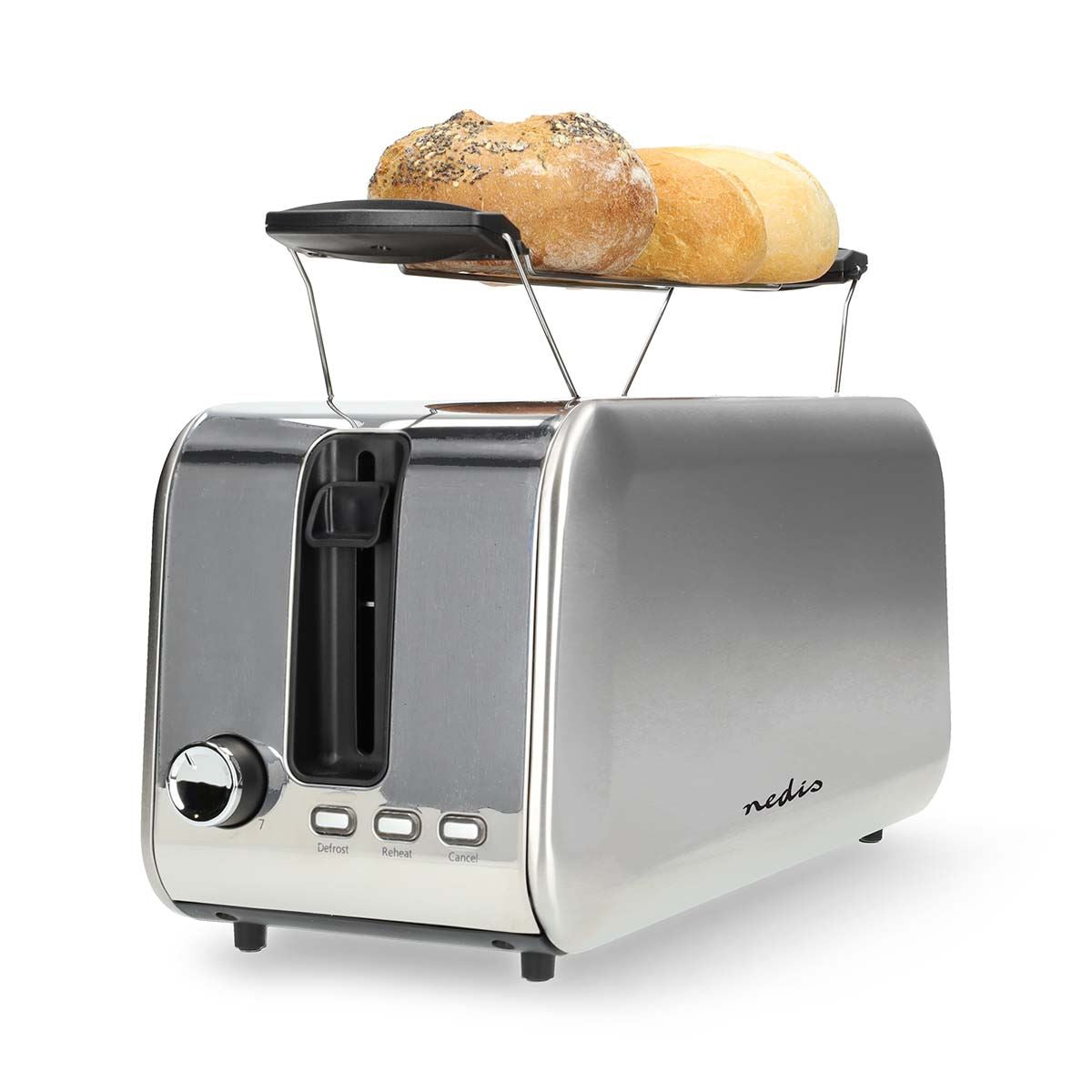 Nedis Toaster | 4 Bread Slices | 2 Long Slots | Browning levels: 7 | Defrost feature | Aluminium / Silver