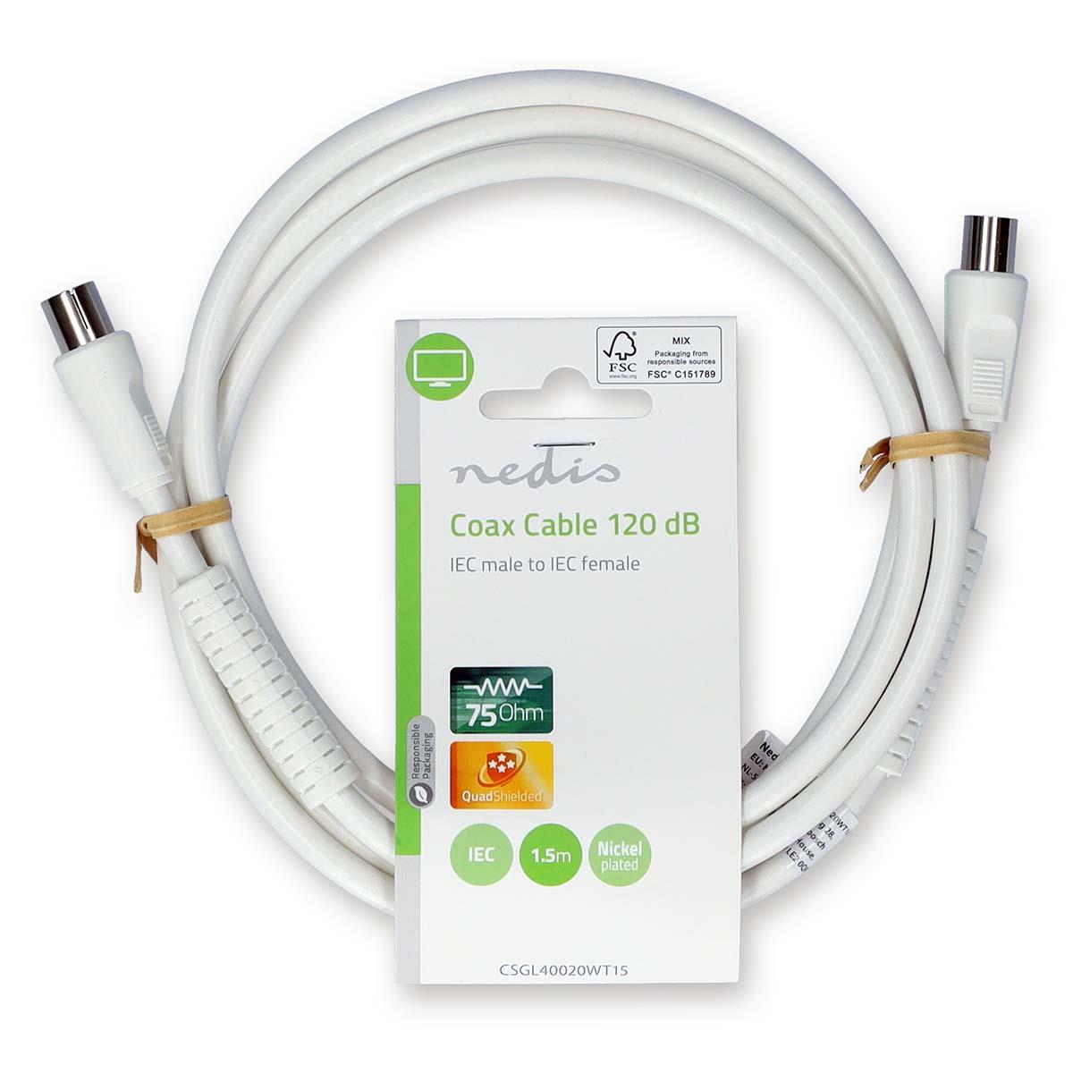 Nedis CSGL40020WT15 | Coax Cable | IEC (Coax) Male | IEC (Coax) Female | Nickel Plated | 120 dB | 75 Ohm | Quad Shielded | 1.50 m | Round | PVC | White | Label
