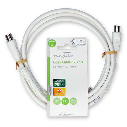 Nedis CSGL40020WT15 | Coax Cable | IEC (Coax) Male | IEC (Coax) Female | Nickel Plated | 120 dB | 75 Ohm | Quad Shielded | 1.50 m | Round | PVC | White | Label