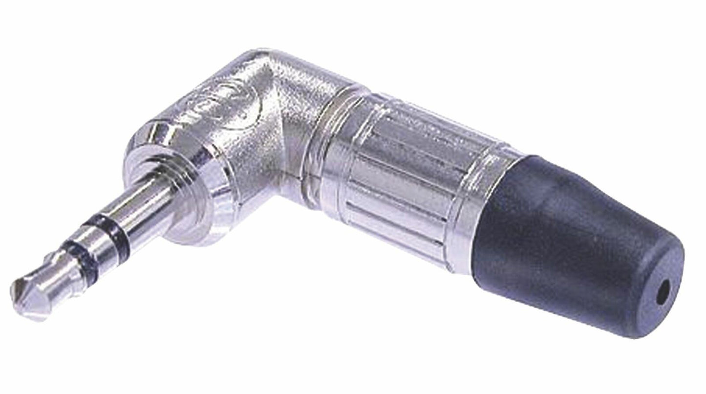 Neutrik 3 pole 3.5 mm audio plug, solder termination, chuck type strain relief, bushing, nickel housing, nickel contacts