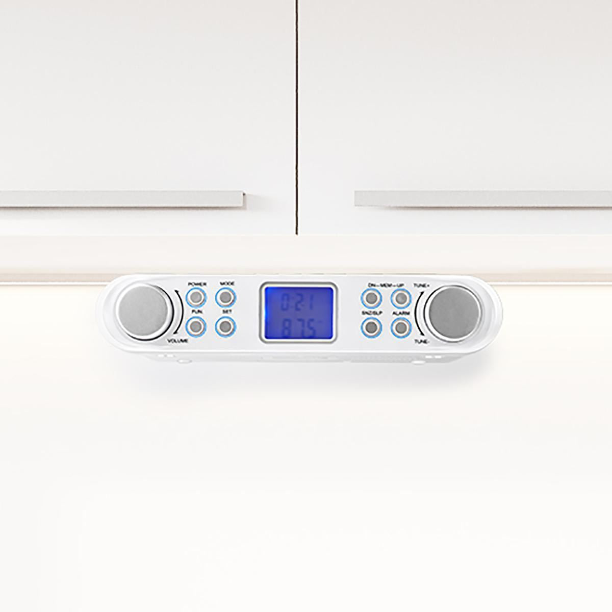 Nedis Kitchen Radio | Cabinet Design | FM | Mains Powered | Digital | 1.5 W | 2 " | Black Blue Screen | Alarm clock | Silver / White
