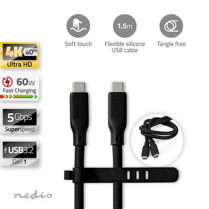 Nedis CCGB64800BK15 | USB Cable | USB 3.2 Gen 1 | USB-C™ Male | USB-C™ Male | 60 W | 8K@30Hz | 5 Gbps | Nickel Plated | 1.50 m | Round | Silicone | Black | Box
