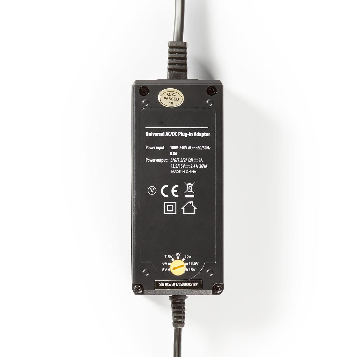 Nedis Universal AC Power Adapter | 36 W | 5 - 15 V DC | 3.60 m | 2.4 - 3.0 A | 6 plug(s) | Black