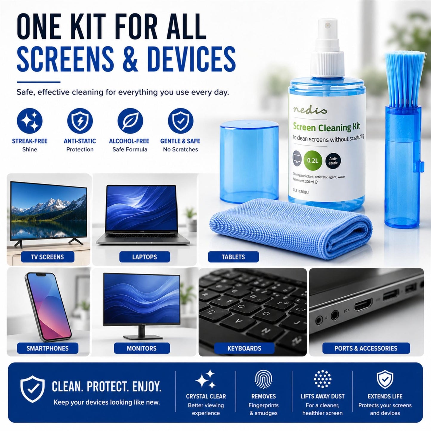 Nedis Screen Cleaner | Spray | 200 ml | Notebook / Smartphone / Tablet / TV Screen | Wiper included
