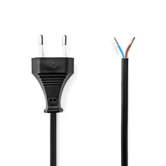 Nedis Power Cable | Euro Male | Open | Straight | Straight | Nickel Plated | 3.00 m | Flat | PVC | Black | Label