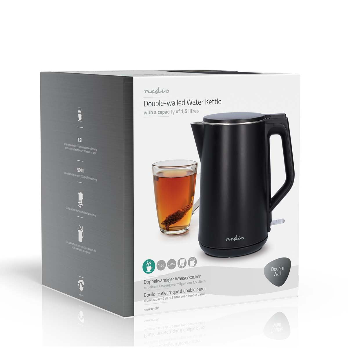 Nedis Electric Kettle | 1.5 l | Plastic | Black | Rotatable 360 degrees | Concealed heating element | Strix® controller | Boil-dry protection