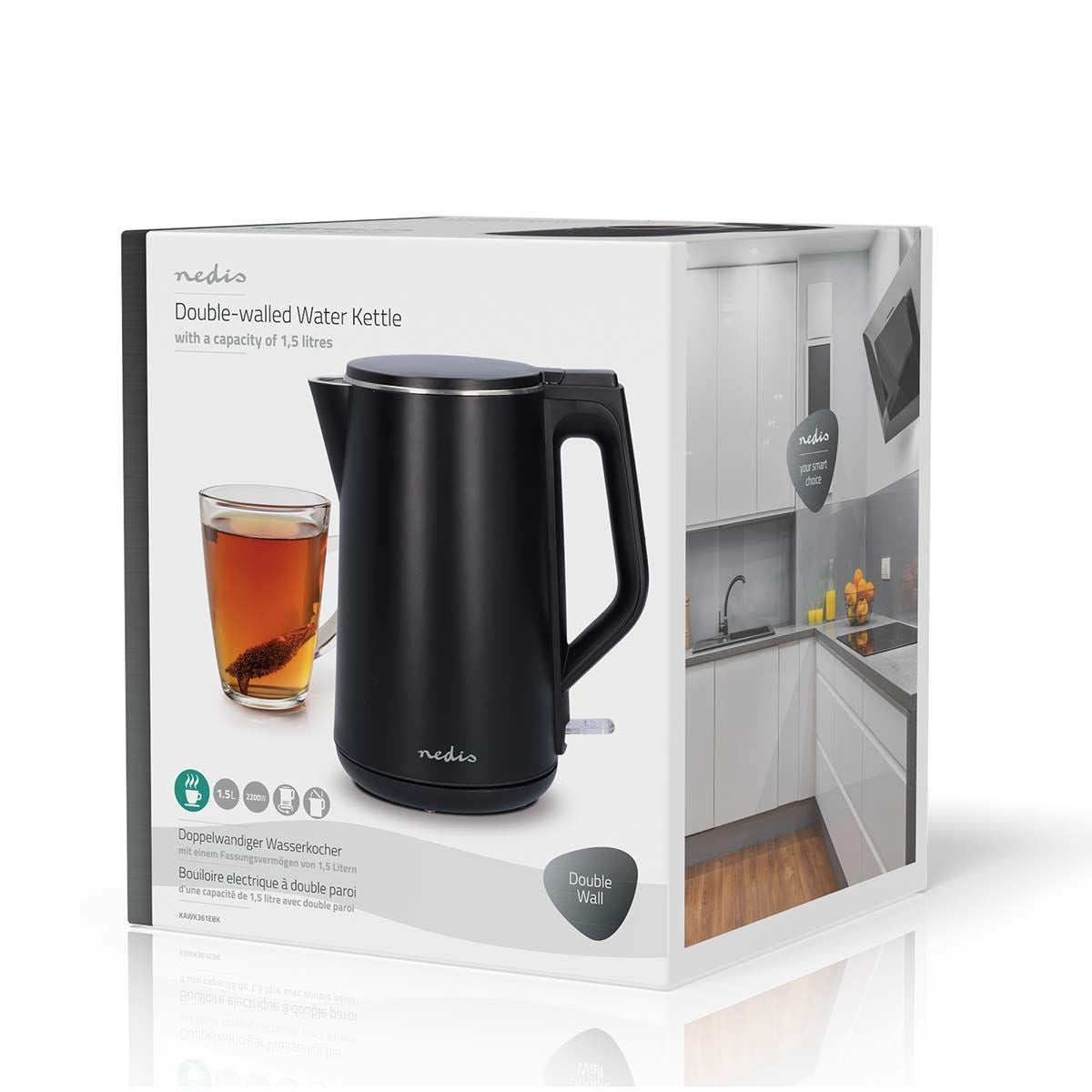 Nedis Electric Kettle | 1.5 l | Plastic | Black | Rotatable 360 degrees | Concealed heating element | Strix® controller | Boil-dry protection