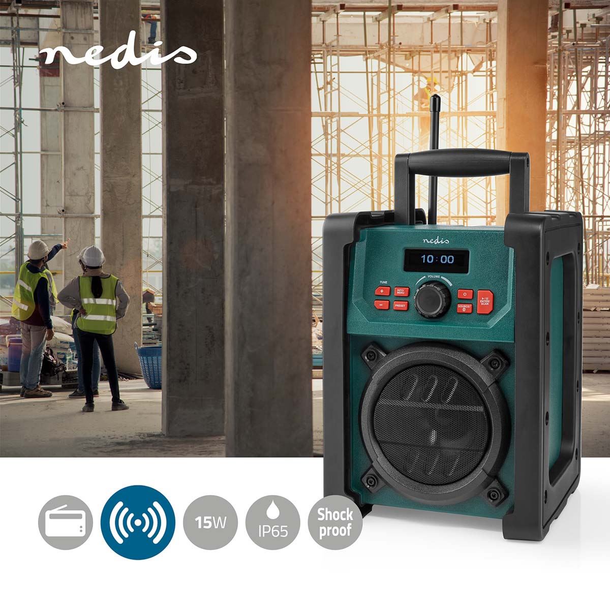 Nedis DAB+ Radio | Jobsite Radio | DAB+ / FM | 2.2 " | Black White Screen | Battery Powered / Mains Powered | Digital | 15 W | Bluetooth® | Alarm clock | Sleep timer | IP65 | Carrying handle | Black / Green