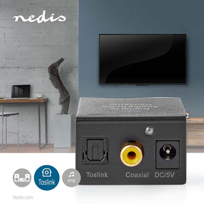 Nedis Digital Audio Converter | 1-way | Connection input: 1x Digital RCA / 1x TosLink | Connection output: 1x (2x RCA) / 1x 3.5 mm | Automatic | Integrated amplifier | Black