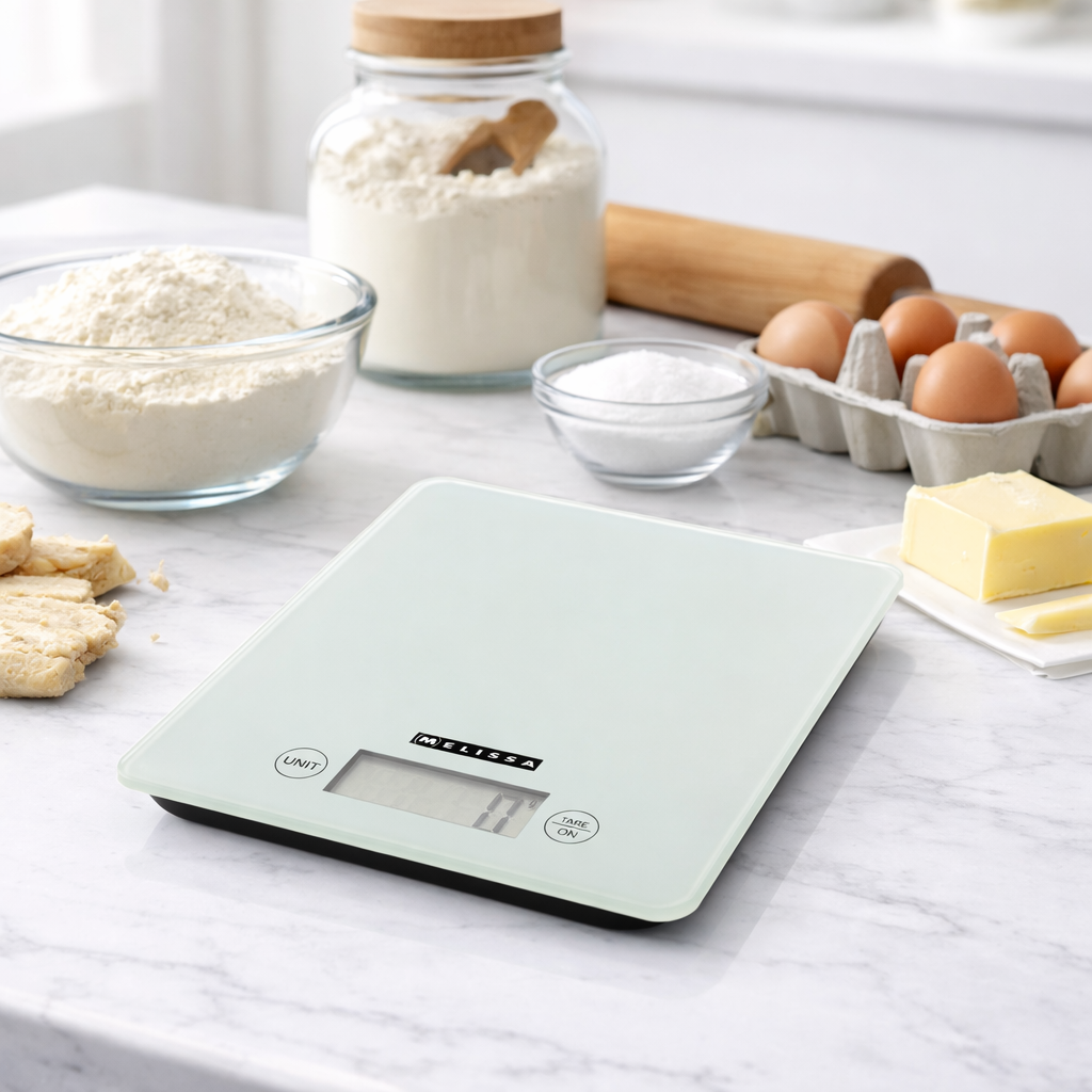 MELISSA Digital Kitchen Scales | Tempered glass | LCD display | Max. 5kg | Tare function | 1-gram increments | Grams / Ounces / Pounds / Millilitres