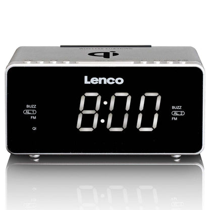 Lenco CR-550SI | FM Clock Radio | USB | Qi Wireless Smartphone Charging | Black & Silver