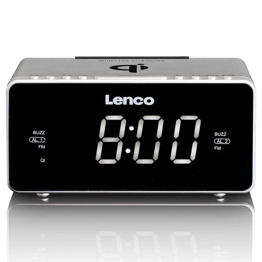 Lenco CR-550SI | FM Clock Radio | USB | Qi Wireless Smartphone Charging | Black & Silver