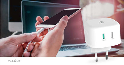 Nedis Wall Charger | 45 W | GaN | PD3.0 45W | Quick charge feature | 2.25 / 3.0 A | Number of outputs: 2 | 2x USB-C™ | Automatic Voltage Selection | White