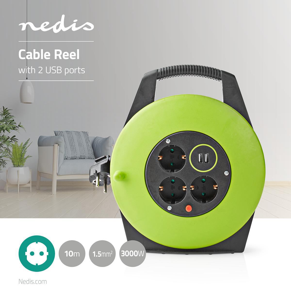 Nedis Cable Reel | Plug with earth contact | 10.0 m | 3000 W | 16 A | Kind of grounding: Side Contacts | 230 V AC 50/60 Hz | Socket angle: 90 ° | H05VV-F 3G1.5mm² | Fuse: Yes | Black / Green