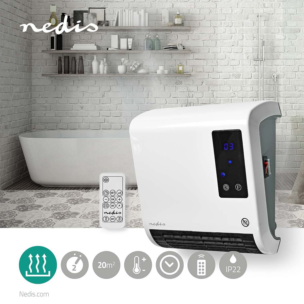 Nedis Bathroom Heater | 2000 W | Adjustable thermostat | 2 Heat Modes | IP22 | Remote control | White
