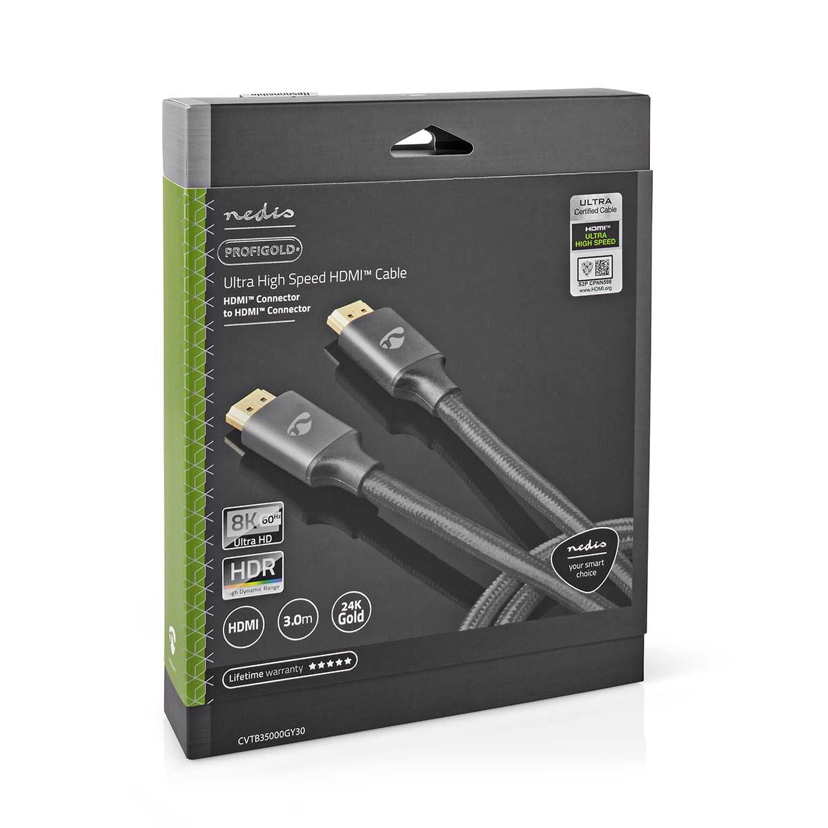 Nedis Ultra High Speed HDMI™ Cable | HDMI™ Connector | HDMI™ Connector | 8K@60Hz | 48 Gbps | 3.00 m | Round | 6.7 mm | Gun Metal Grey | Cover Box