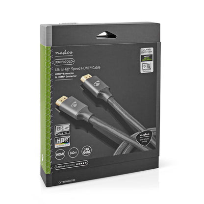 Nedis Ultra High Speed HDMI™ Cable | HDMI™ Connector | HDMI™ Connector | 8K@60Hz | 48 Gbps | 3.00 m | Round | 6.7 mm | Gun Metal Grey | Cover Box
