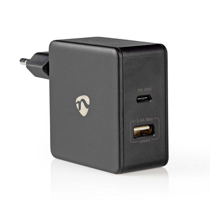 Nedis Wall Charger | 57 W | Quick charge feature | 2.25 / 2.4 / 3.0 A | Number of outputs: 2 | USB-A / USB-C™ | No Cable Included | Automatic Voltage Selection | Black