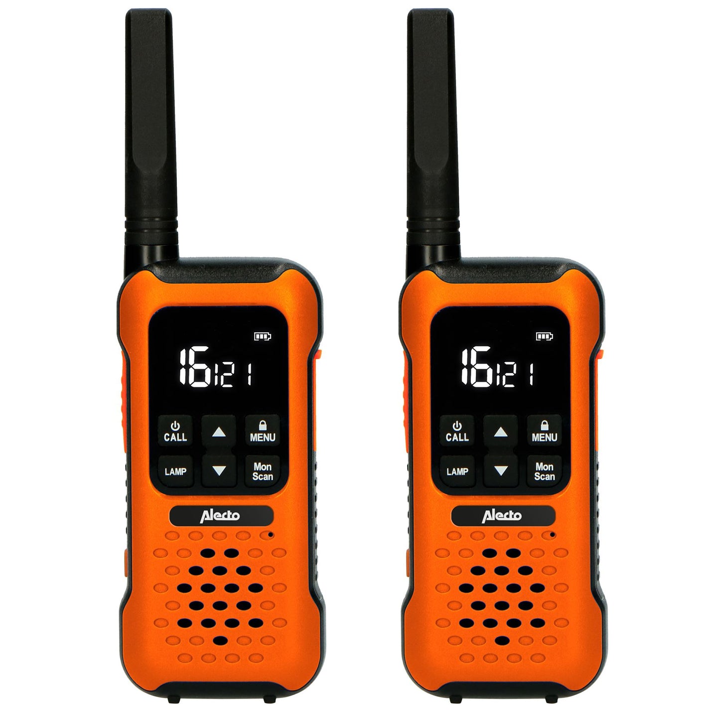 Alecto FR300OE | Walkie-Talkie Set | 2 Handsets | Up to 10 km | Frequency channels: 16 | PTT / VOX | 110 h standby| Charging base included | Headphone output | Orange