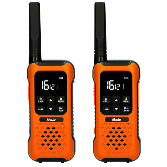 Alecto FR300OE | Walkie-Talkie Set | 2 Handsets | Up to 10 km | Frequency channels: 16 | PTT / VOX | 110 h standby| Charging base included | Headphone output | Orange