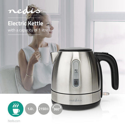 Nedis Electric Kettle | 1.0 l | Stainless Steel | Aluminium | Rotatable 360 degrees | Concealed heating element | Strix® controller | Boil-dry protection
