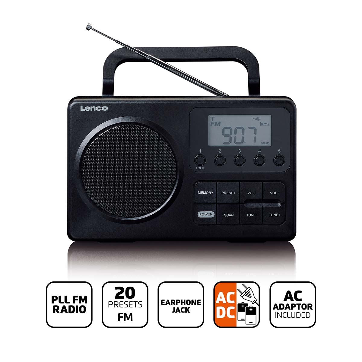 Lenco MPR-035BK | Compact Portable FM Radio with LCD Screen Black