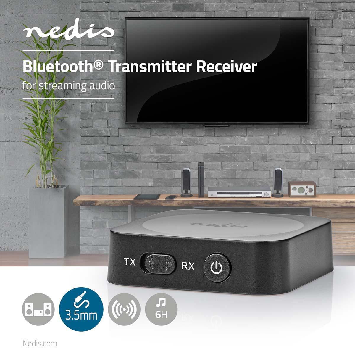 Nedis Bluetooth® Transmitter Receiver | Connection input: 1x AUX | Connection output: 1x AUX | SBC | Up to 1 Device | Maximum battery play time: 6 hrs | Black