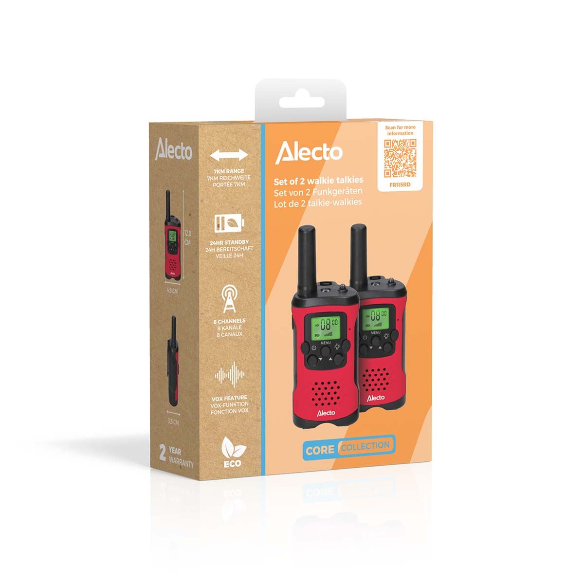 Alecto Walkie-Talkie Set | 2 Handsets | Up to 7 km | Frequency channels: 8 | VOX | up to 3 Hours | Black / Red
