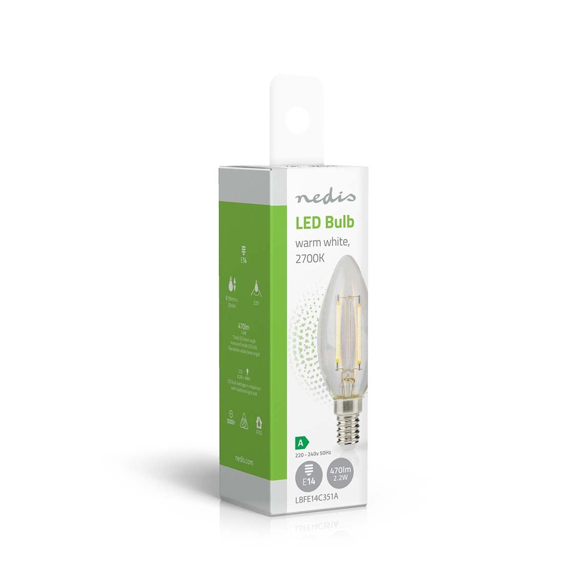 Nedis LED Filament Bulb E14 | Candle | 2.2 W | 470 lm | 2700 K | Warm White | Retro Style | 1 pcs | Clear