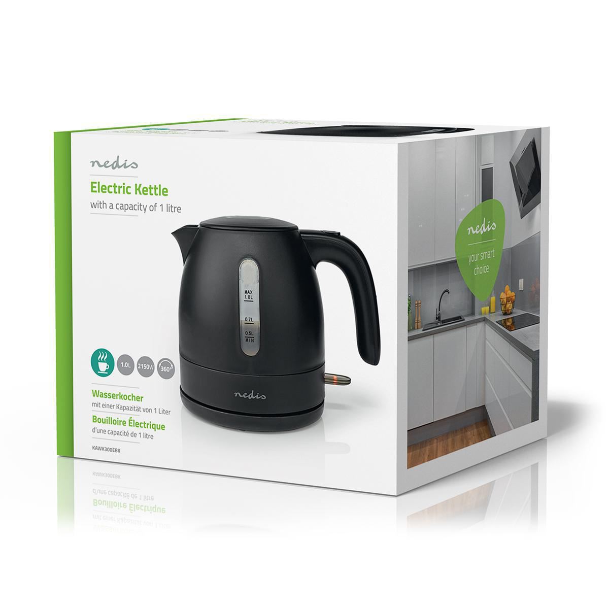 Nedis Electric Kettle | 1.0 l | Plastic | Black | Rotatable 360 degrees | Concealed heating element | Strix® controller | Boil-dry protection