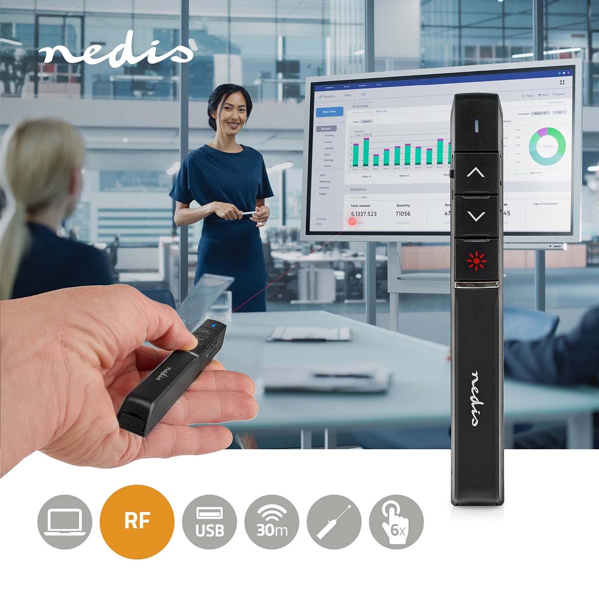 Nedis Presenter | Laser pointer range up to: 100 m | Wireless range up to: 30 m | Black