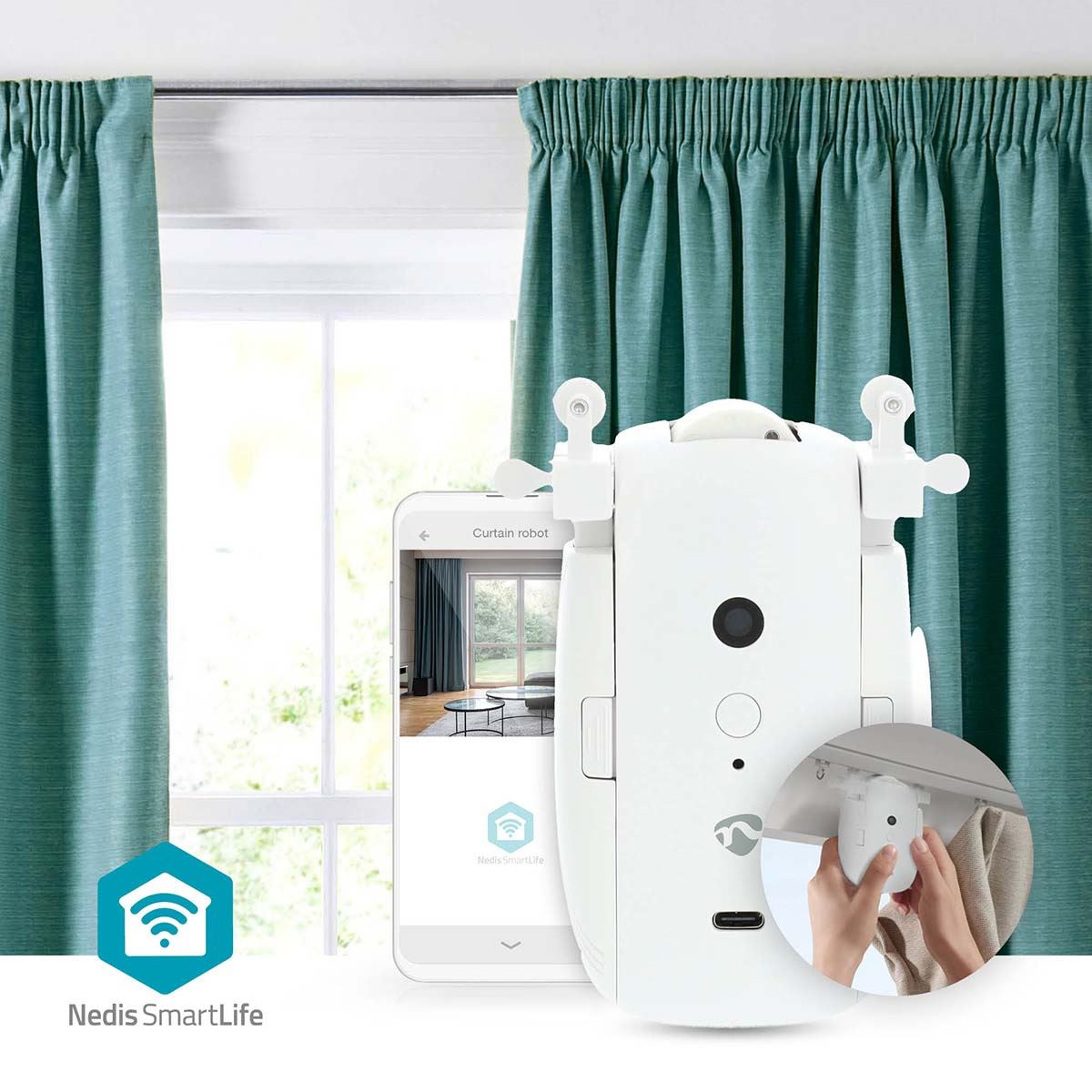 Nedis SmartLife Curtain Robot | I Rail / U Rail | Curtains / Drapes | Battery Powered / USB Powered | 4000 mAh | Bluetooth® | White