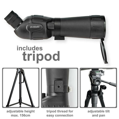 Nedis Spotting Scope | Magnification range: 20-60 | Objective lens diameter: 60 mm | Field of view: 38 m | Dioptric correction | Travel bag included | Black