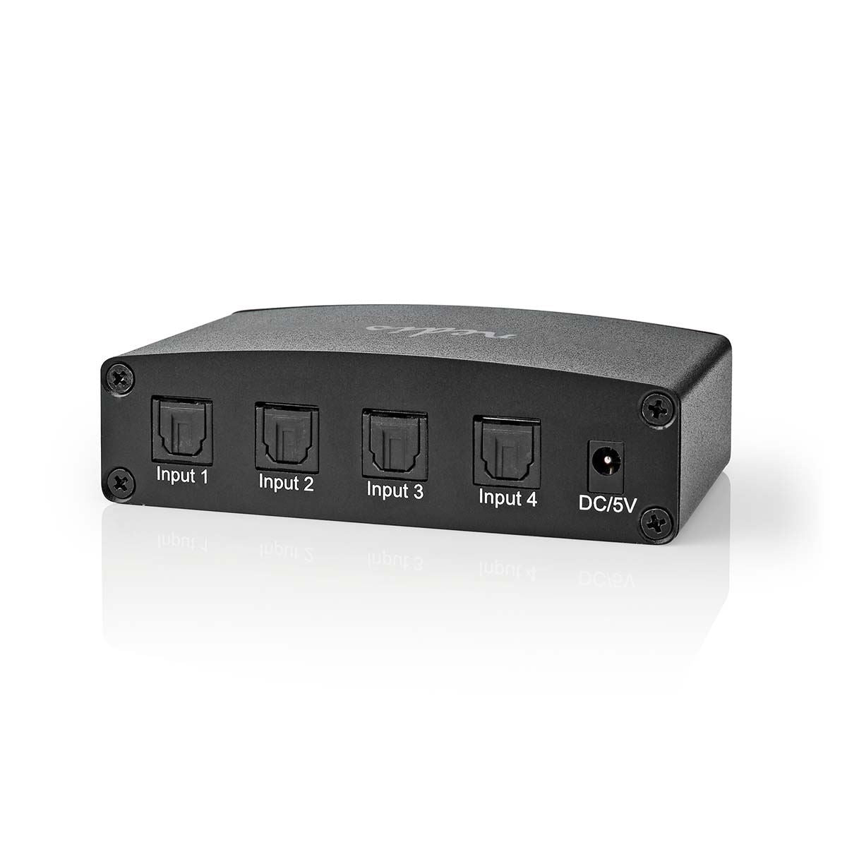 Nedis Digital Audio Switch | 4-way | Connection input: DC Power / 4x TosLink | Connection output: TosLink Female | Manual / Push Button / Remote Control | Metal | Black