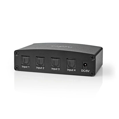 Nedis Digital Audio Switch | 4-way | Connection input: DC Power / 4x TosLink | Connection output: TosLink Female | Manual / Push Button / Remote Control | Metal | Black
