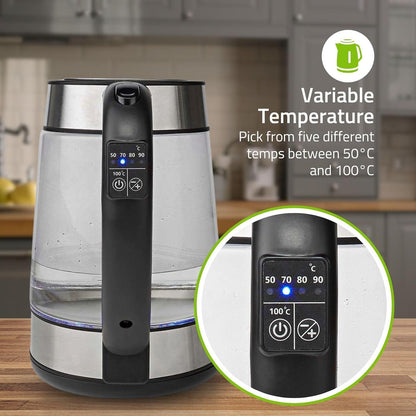 Nedis Electric Kettle | 1.7 l | Glass | Transparent | 60,70,80,90,100 °C | Temperature indicator | Rotatable 360 degrees | Concealed heating element | Strix® controller | Boil-dry protection