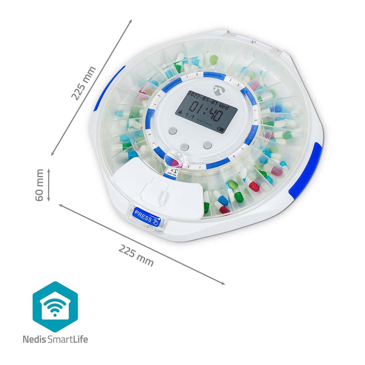 Nedis SmartLife Pill Dispenser | Wi-Fi | 28 Compartments | Number of alarmtimes: 9 Alarm Times Per Day | Beep / Light / Voice | LCD display | White