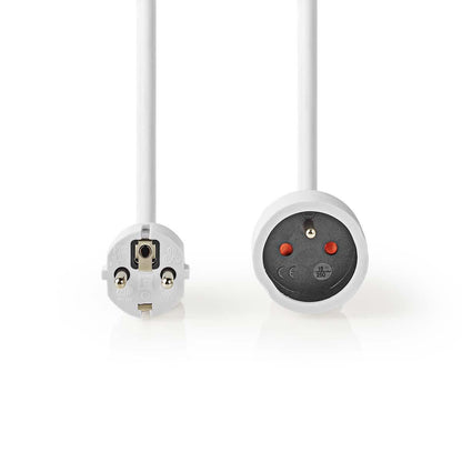 Nedis Power Extension Cable | Plug with earth contact male | Plug with earth contact female | Straight | Straight | Nickel Plated | 3.00 m | Round | White | Shrink Pack