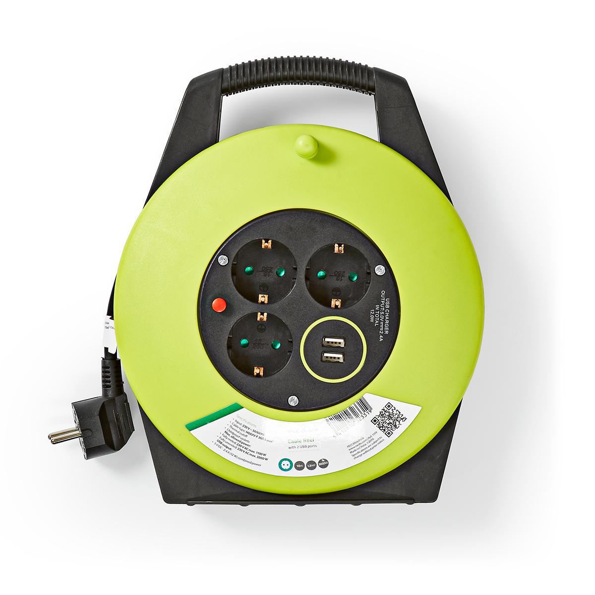 Nedis Cable Reel | Plug with earth contact | 10.0 m | 3000 W | 16 A | Kind of grounding: Side Contacts | 230 V AC 50/60 Hz | Socket angle: 90 ° | H05VV-F 3G1.5mm² | Fuse: Yes | Black / Green