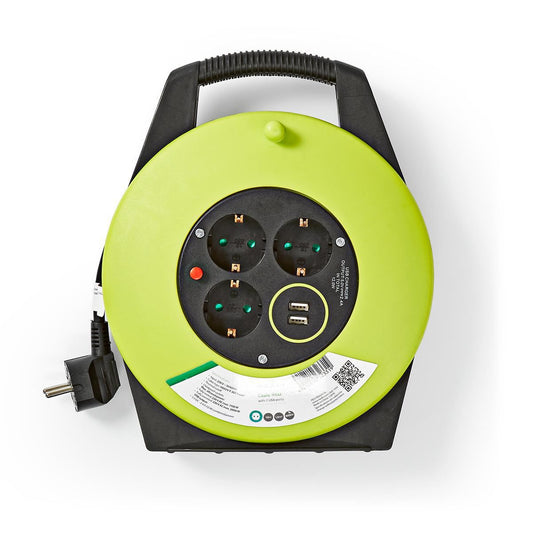 Nedis Cable Reel | Plug with earth contact | 10.0 m | 3000 W | 16 A | Kind of grounding: Side Contacts | 230 V AC 50/60 Hz | Socket angle: 90 ° | H05VV-F 3G1.5mm² | Fuse: Yes | Black / Green