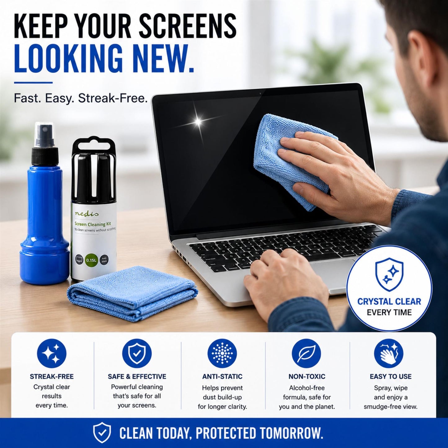 Nedis CLSN130BU Screen Cleaner | Spray | 150 ml | Notebook / Smartphone / Tablet / TV Screen | Wiper included
