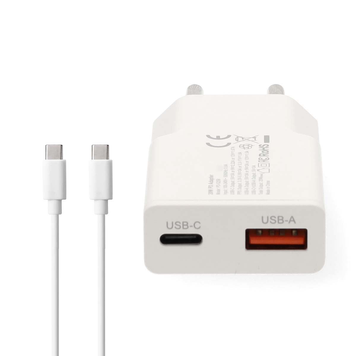 Nedis Wall Charger | 20 W | GaN | PD3.0 | Quick charge feature | 1.5 / 2.0 / 2.22 / 3.0 A | Number of outputs: 2 | USB-A / USB-C™ | USB-C™ (Loose) Cable | 1.50 m | Automatic Voltage Selection | White
