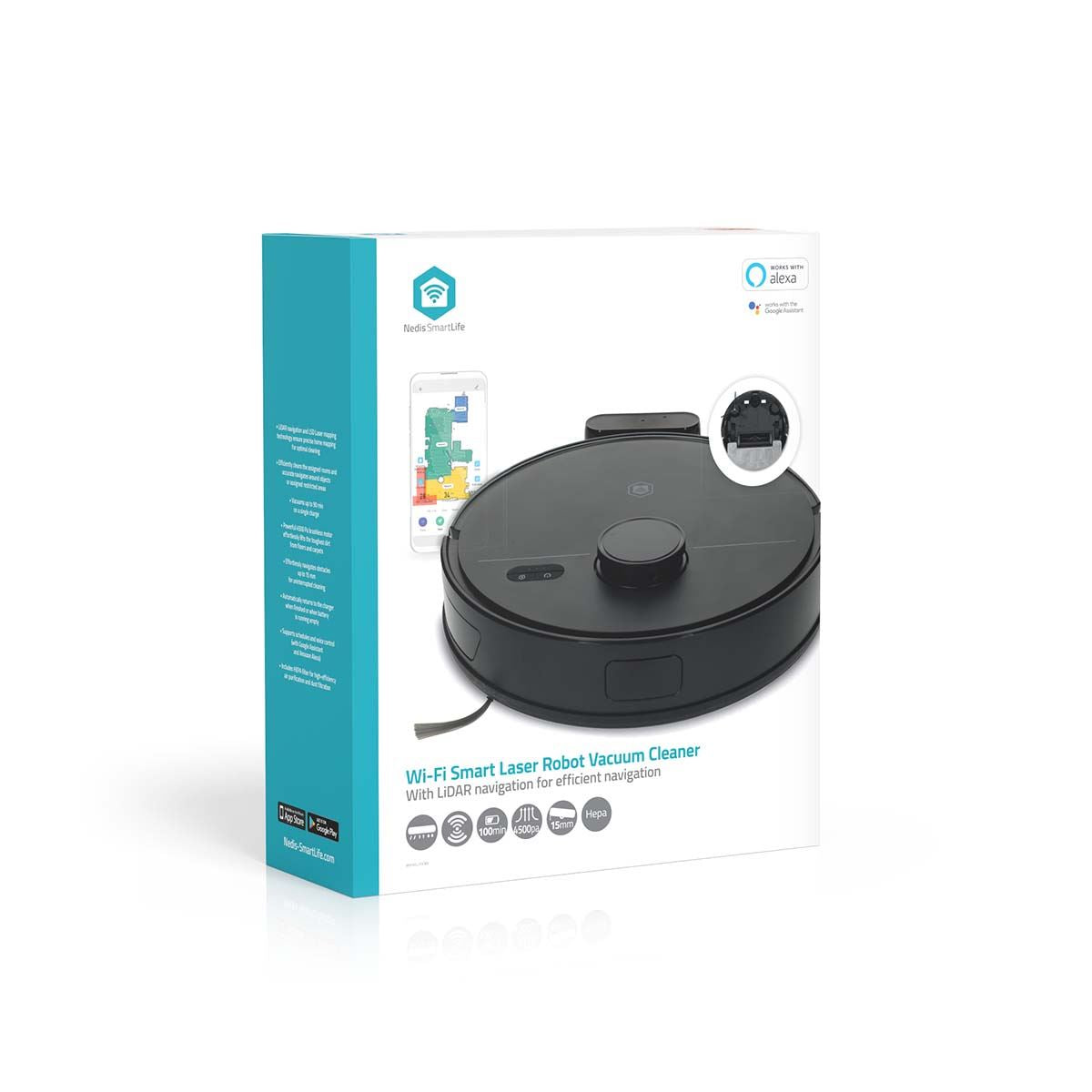 Nedis WIFIVCL10CBK | SmartLife Robot Vacuum Cleaner | Navigation method: Laser Navigation | Wi-Fi | Capacity collection reservoir: 0.59 l | Automatic charging | Maximum operating time: 1.75 hrs | Black | Android™ / IOS