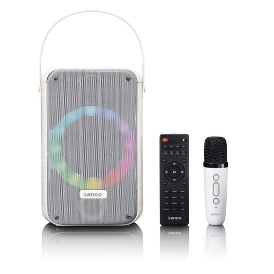 Lenco BTC-060WH | Karaoke Portable Speaker System with Bluetooth® | Rechargeable | With Wireless Microphone | Disco LED Lighting | White