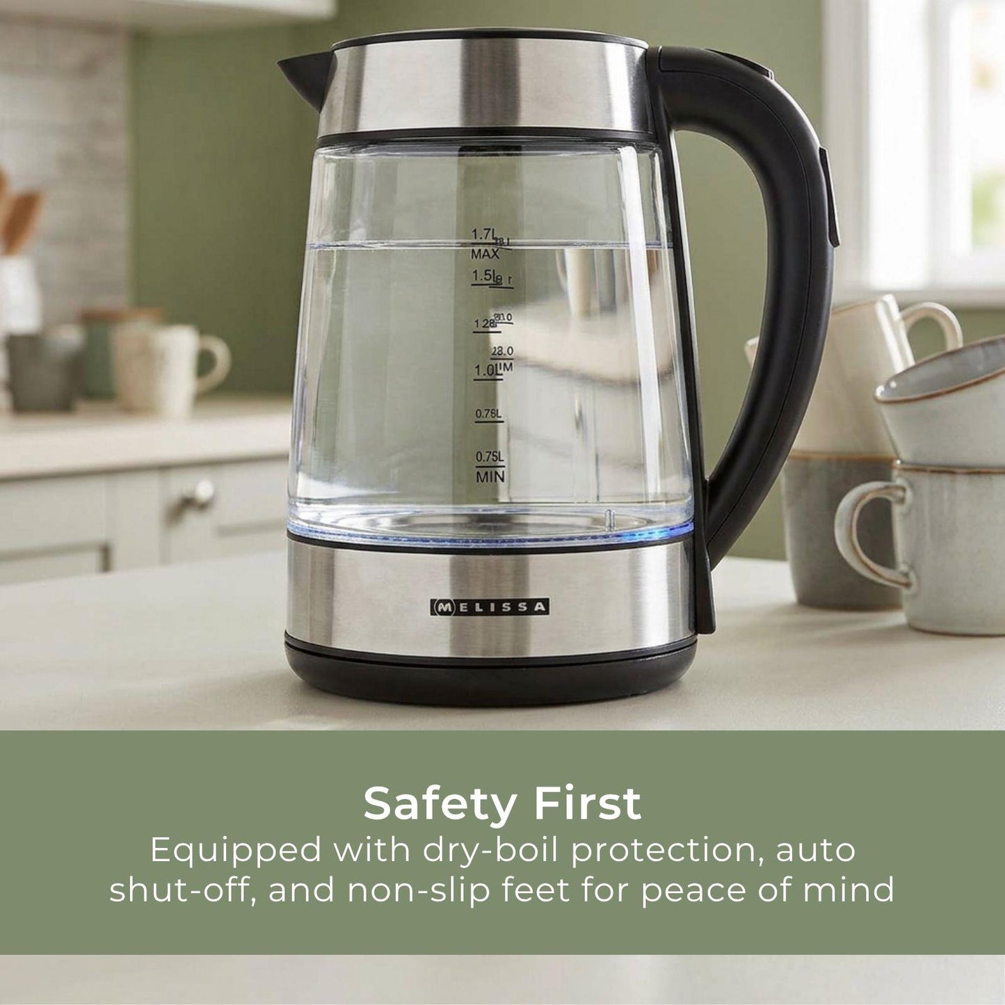 MELISSA Digital Electric Kettle | 1.7 l | 2200 W | Glass | 50/70/80/90/100 °C Presets | 360° pirouette base | Concealed heating element | Strix® controller | Keep-warm function | Boil-dry protection