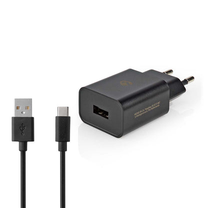Nedis Wall Charger | 12 W | Quick charge feature | 1x 2.4 A | Number of outputs: 1 | USB-A | USB Type-C™ (Loose) Cable | 1.00 m | Single Voltage Output | Black