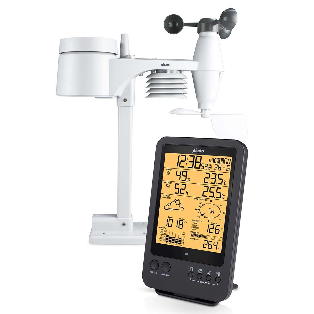 Alecto Weather Station | Indoor and Outdoor Temperature, Forcast, Wind, Humidity, Rain & More | Outside Wireless sensor | Black